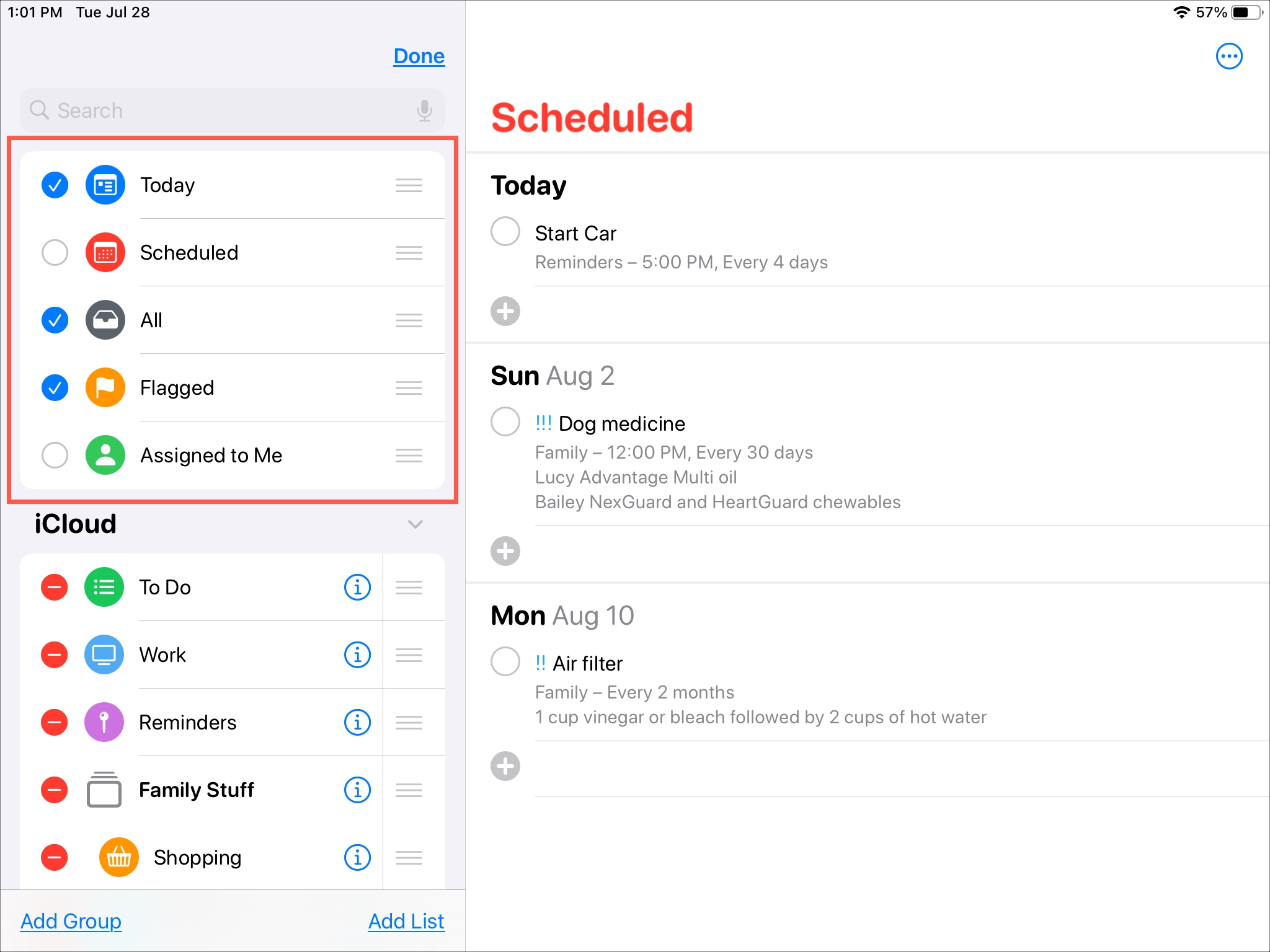 Hide Unhide Smart Lists in Reminders iPad