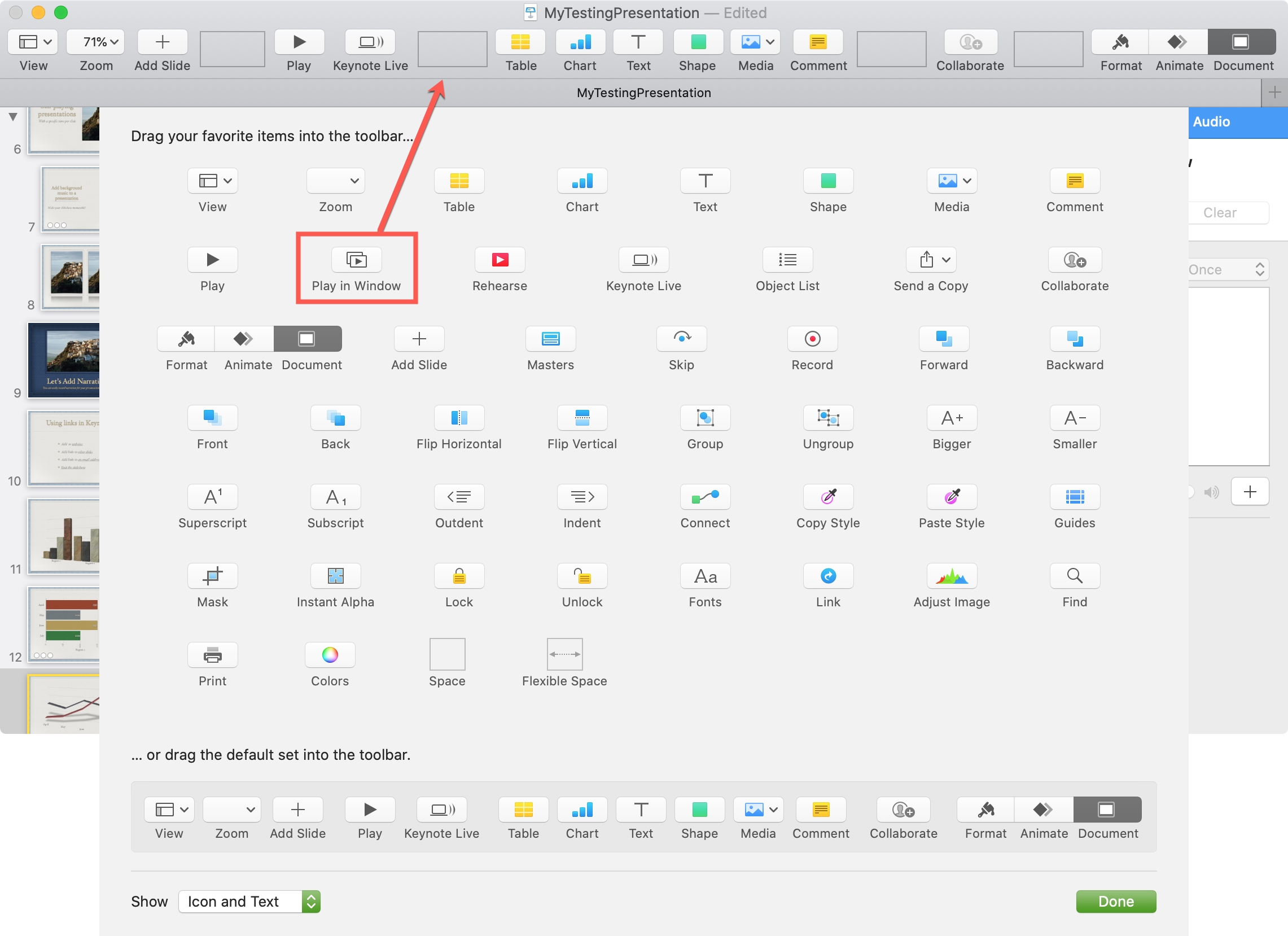Keynote Mac Add Play in Window Button to Toolbar