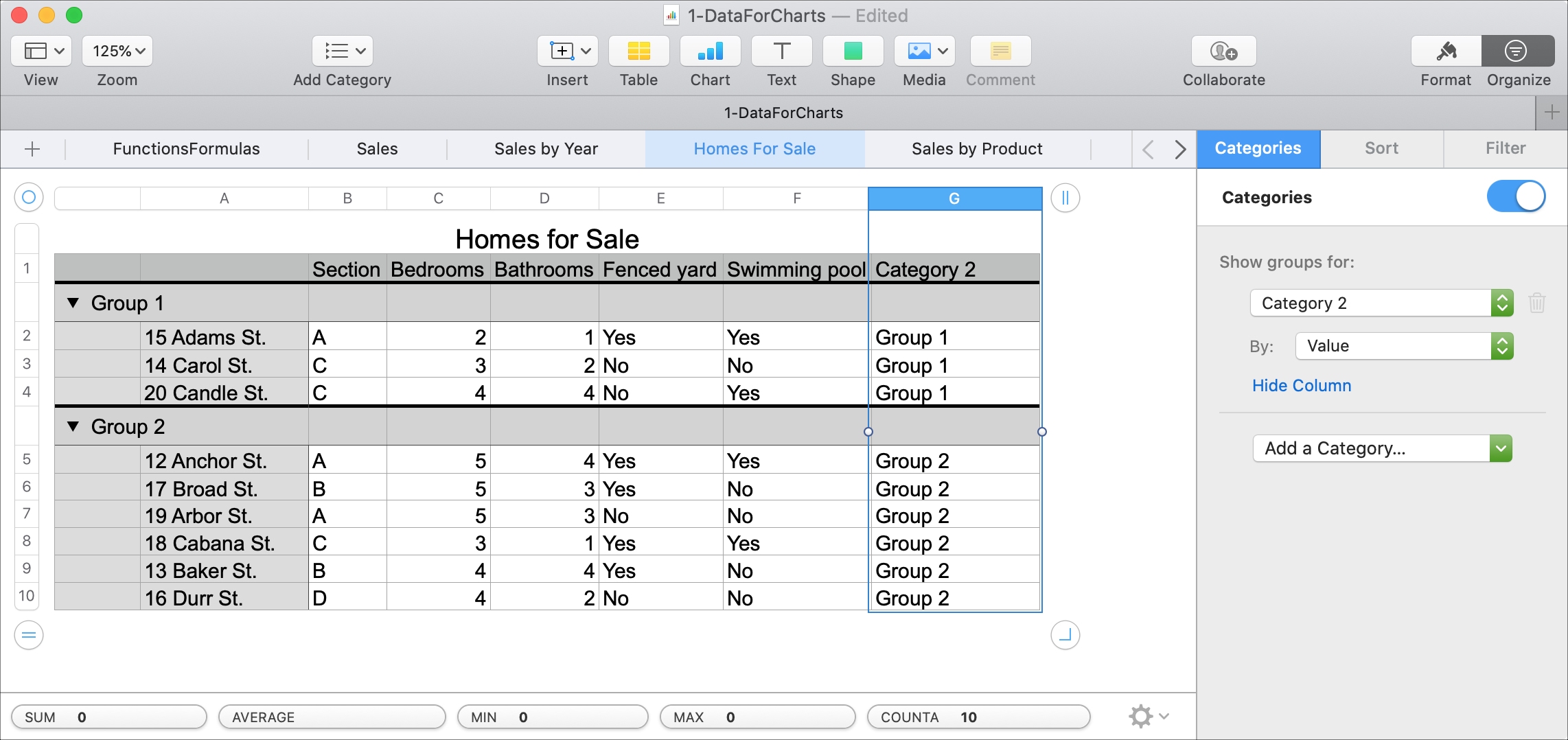 Numbers Mac Create Group from Selected Rows