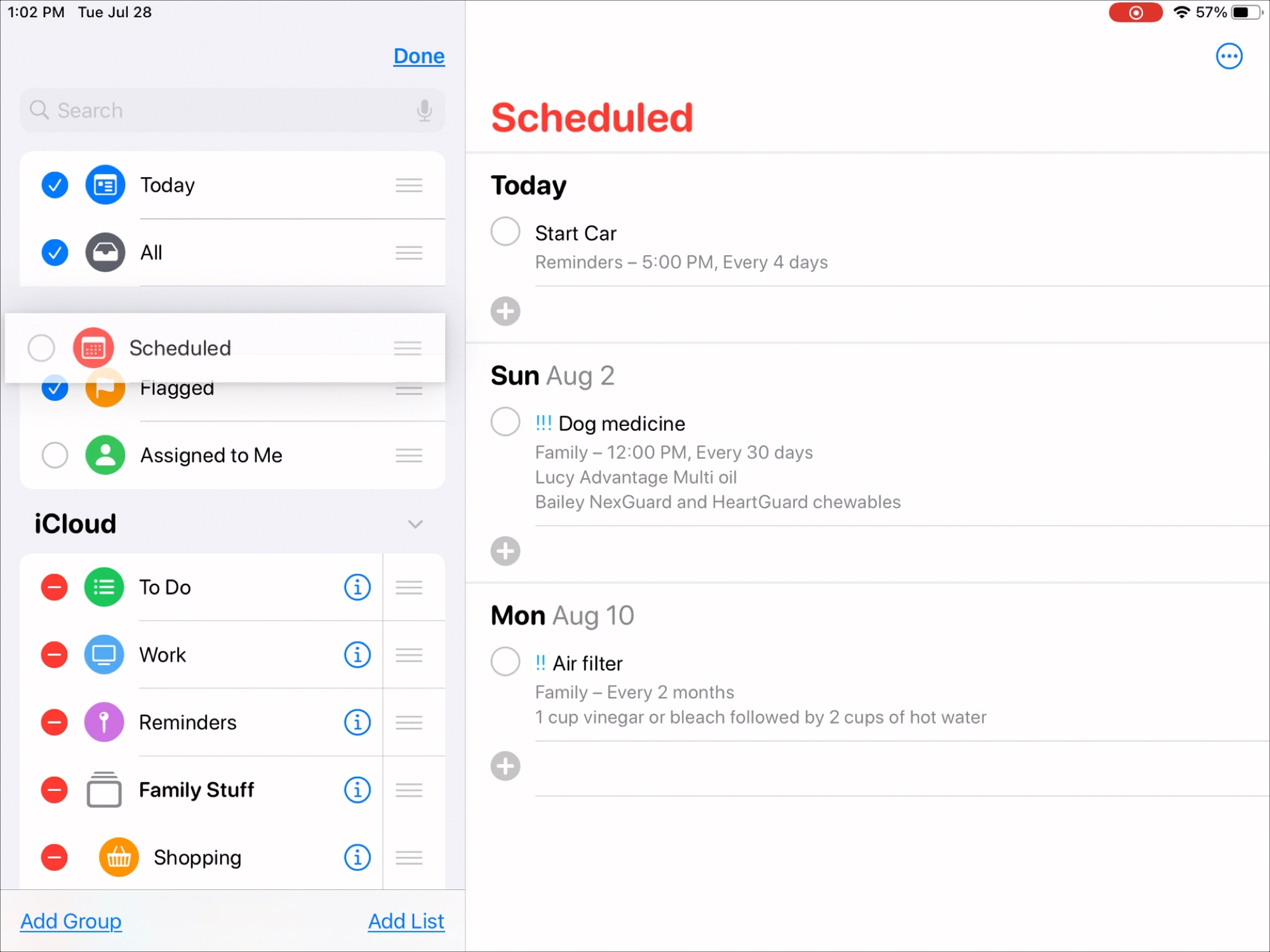 Rearrange Smart Lists in Reminders iPad
