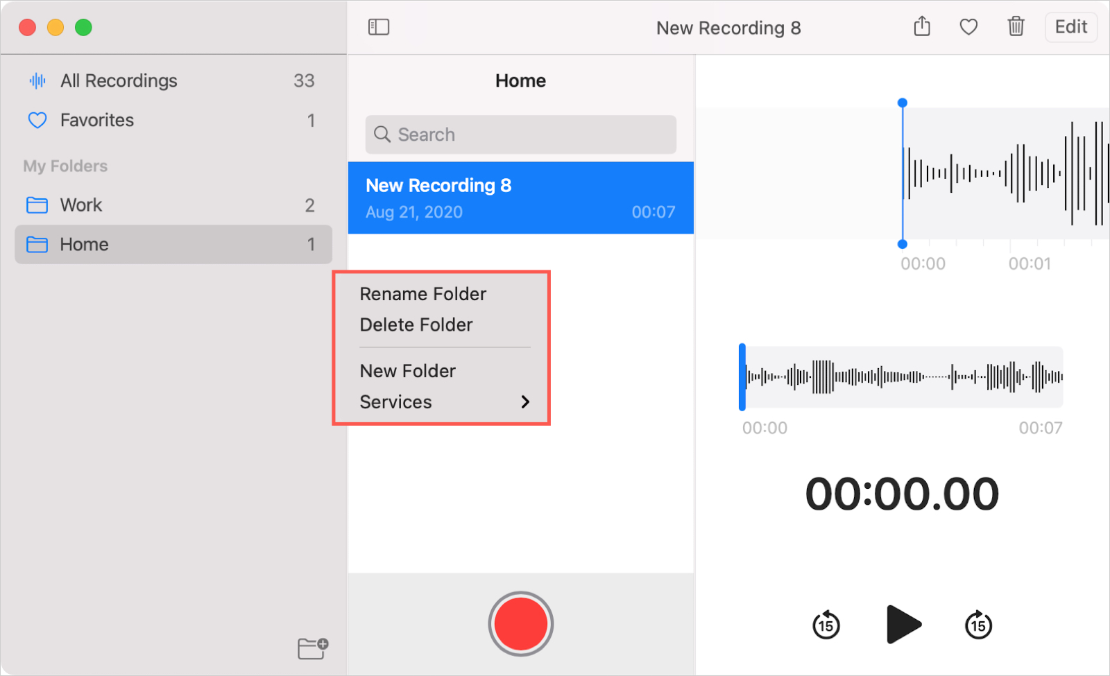 Voice Memos Folder Actions on Mac