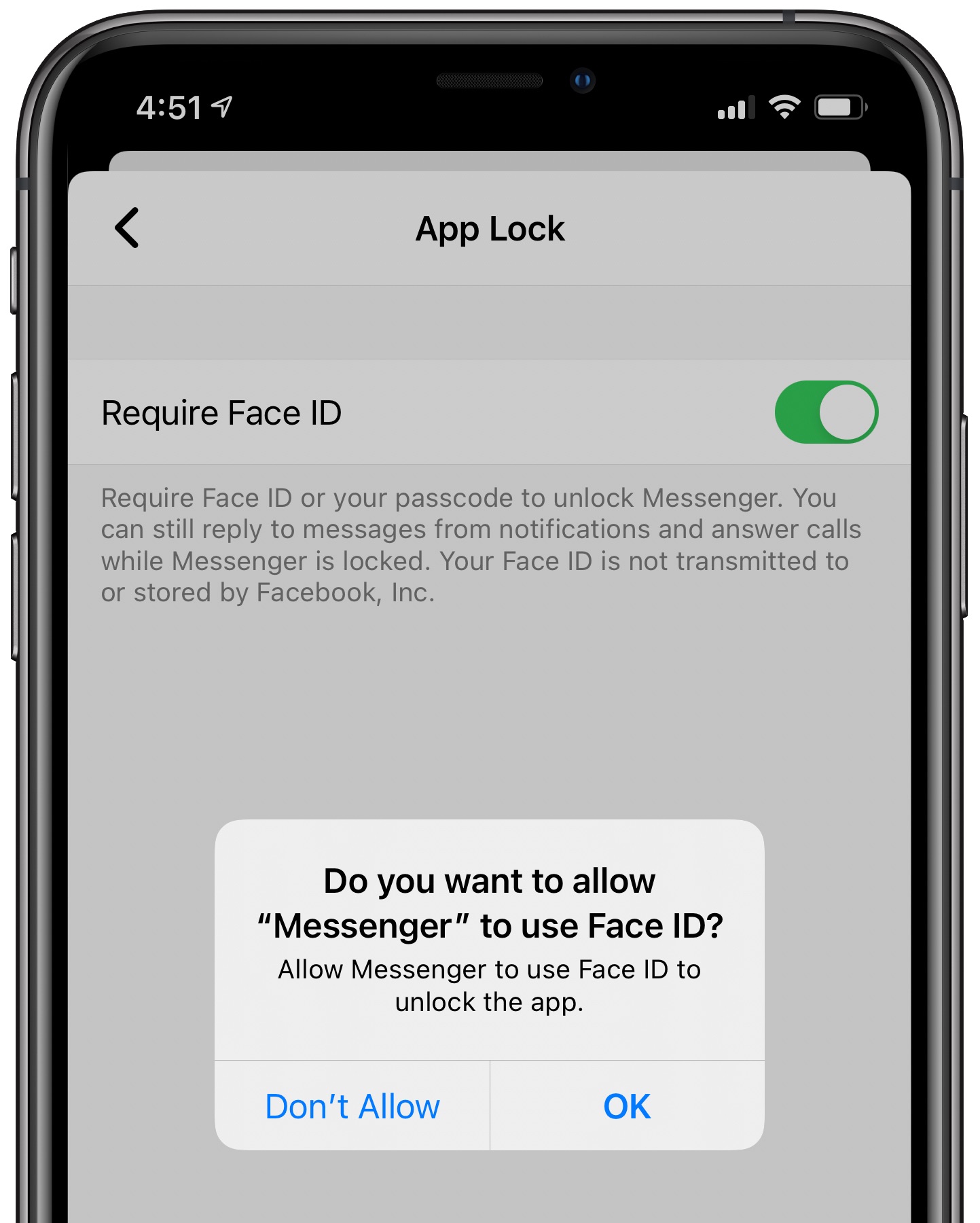 Facebook Messenger Face ID - a prompt asking if you'd like to enable the feature