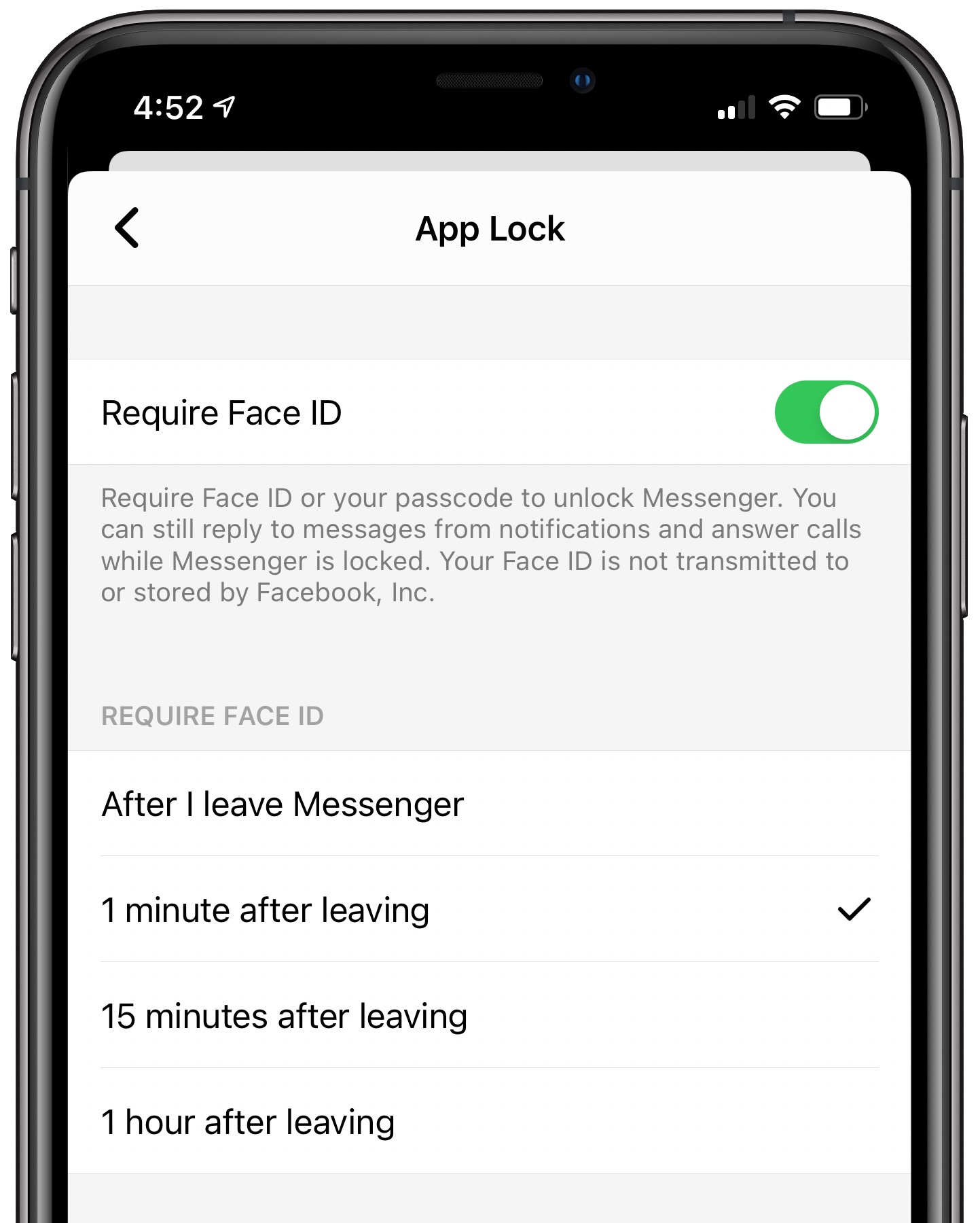 Facebook Messenger Face ID - adjusting lock threshold