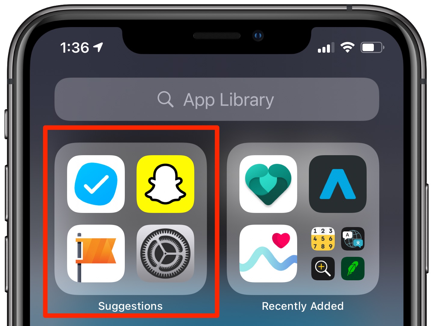 Siri-suggested apps - App Library with the Suggestions folder highlighted