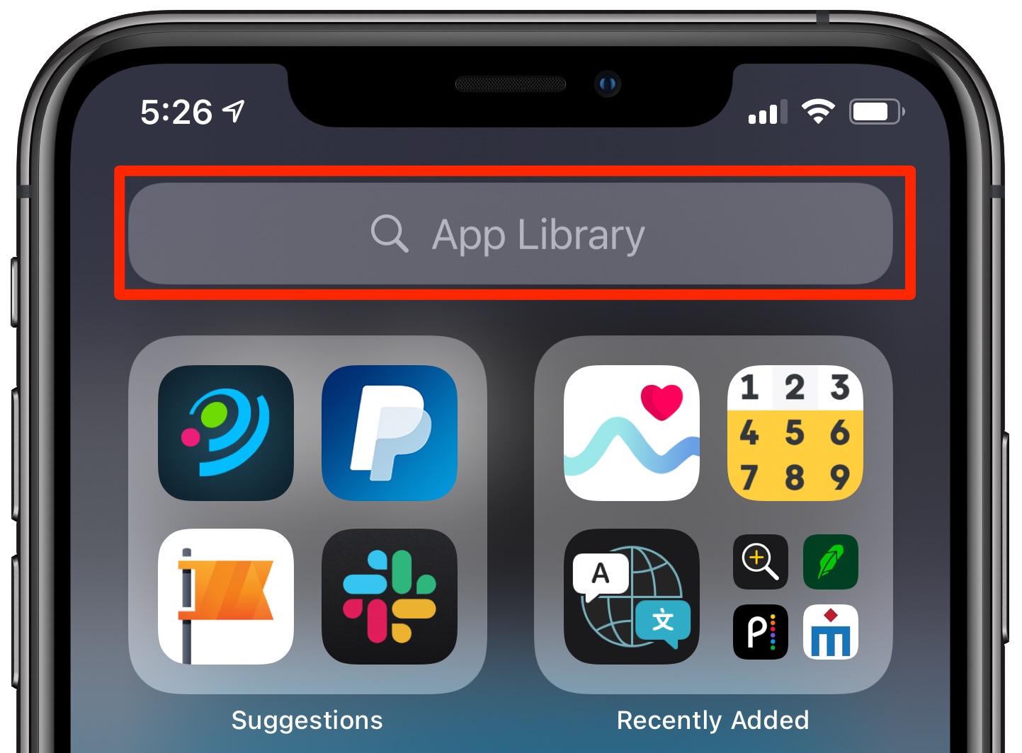 Browse iPhone apps alphabetically - the App Library with the search field highlighted