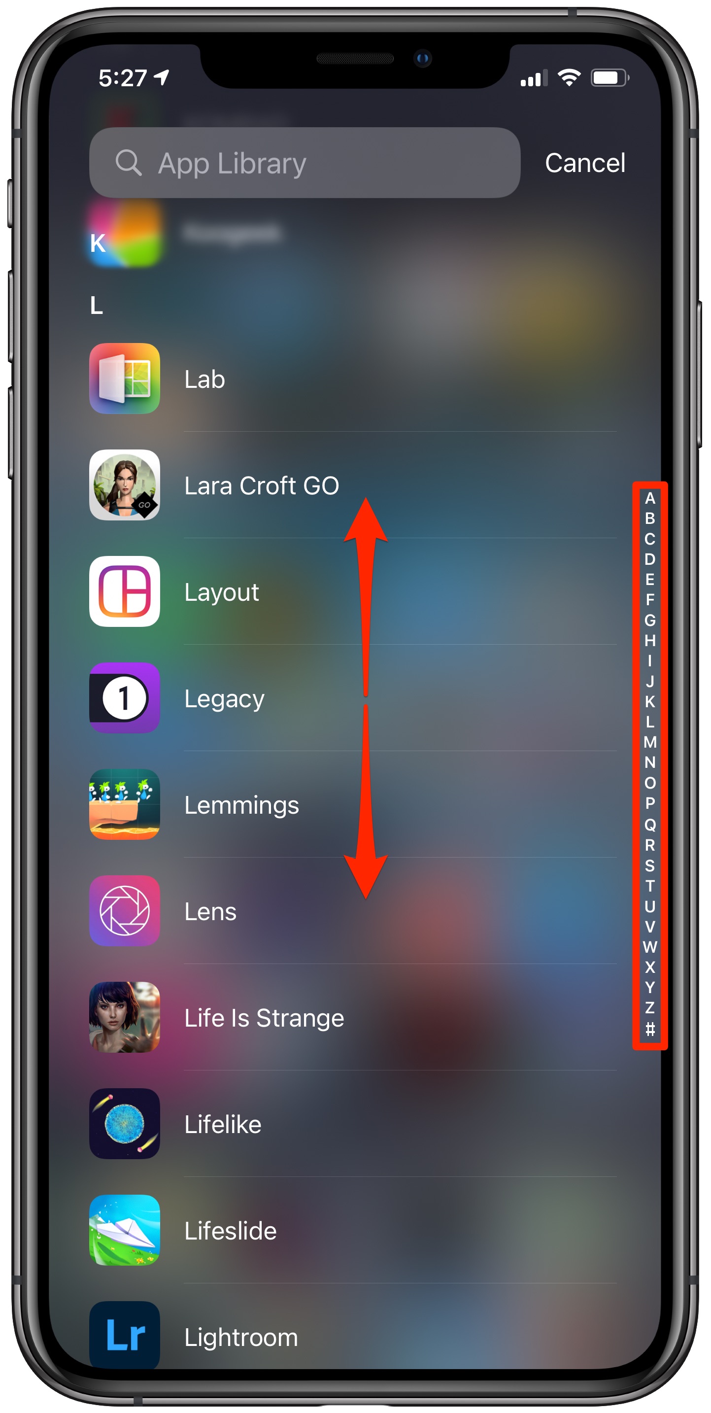 Browse iPhone apps alphabetically - swiping through apps in the App Library 
