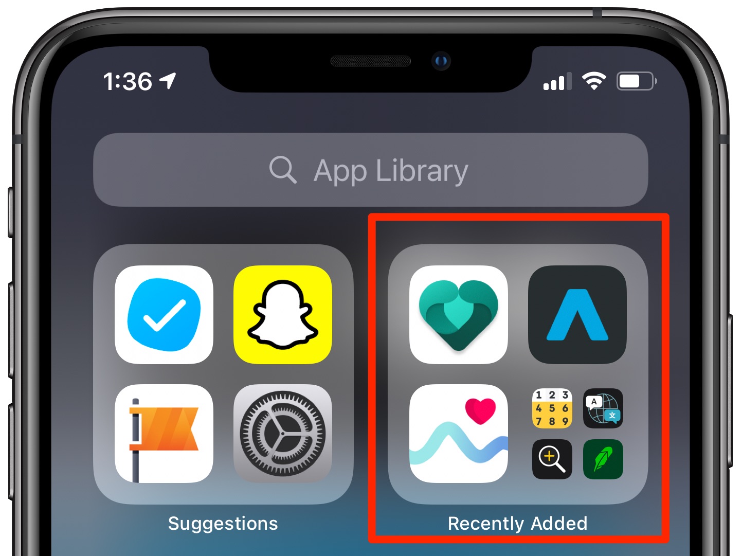 Recently installed iPhone apps - App Library with the Recently Added folder highlighted
