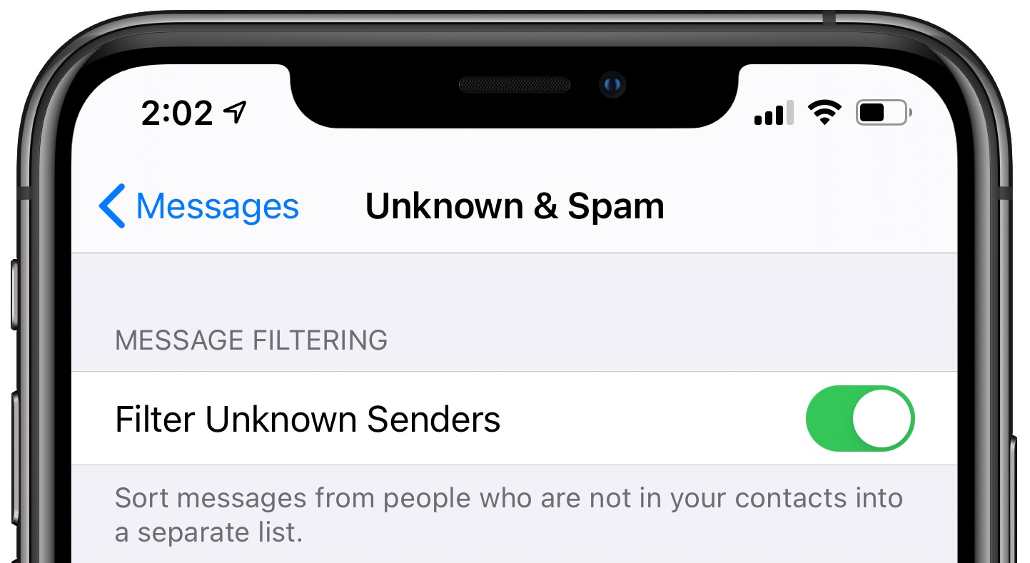 iOS 14 Messages filtering - Filter Unknown Senders enabled in Settings → Messages