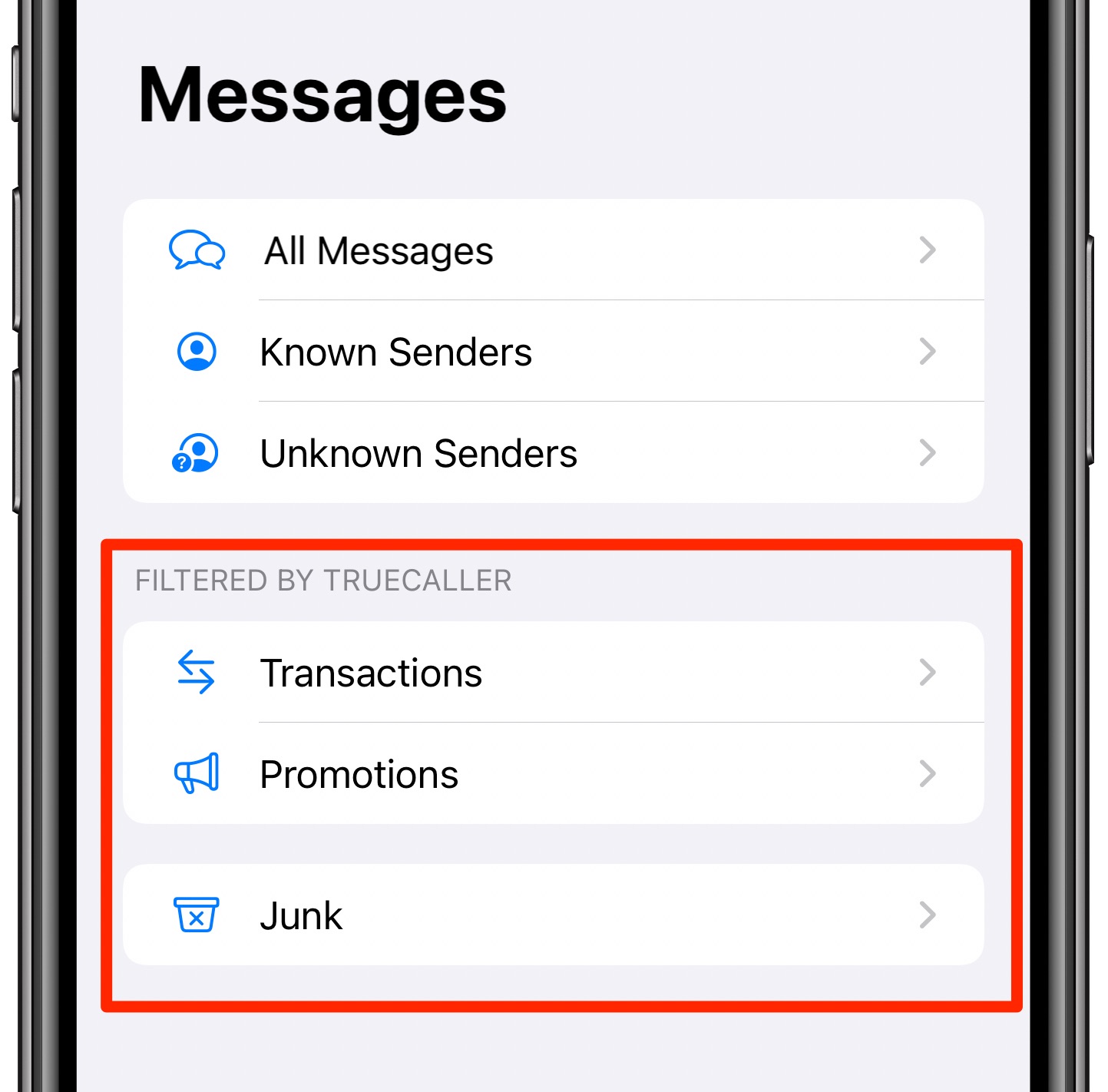 The SMS filtering section in Messages