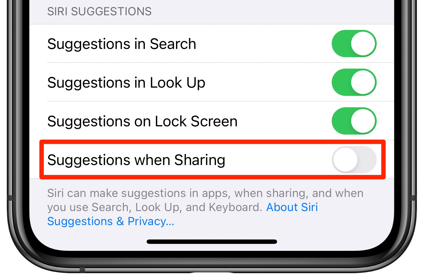 iOS 14 Siri settings share suggestions disabled iPhone 001