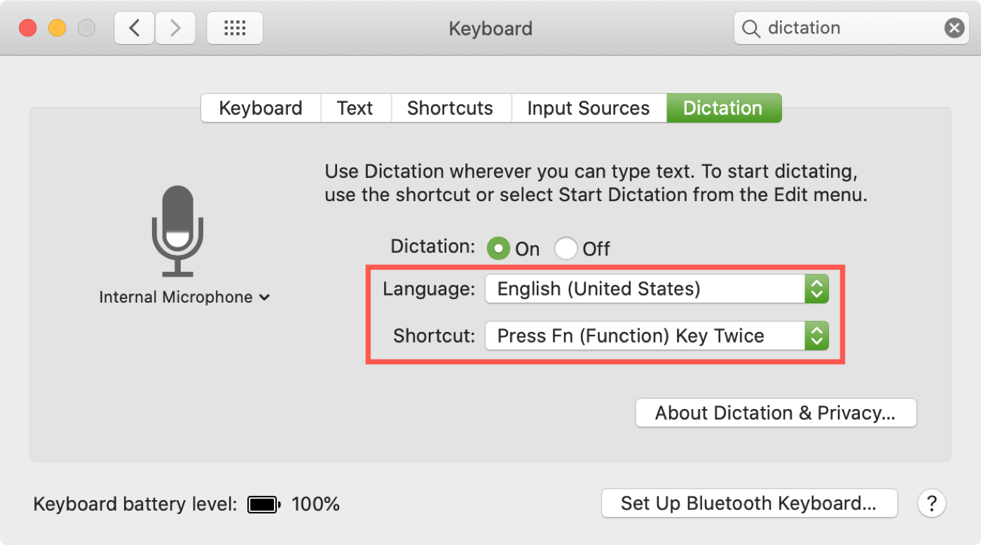Dictation Language and Shortcut on Mac