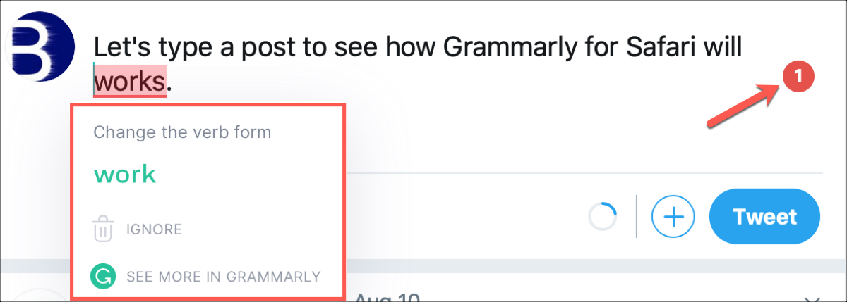 Grammarly for Safari Twitter
