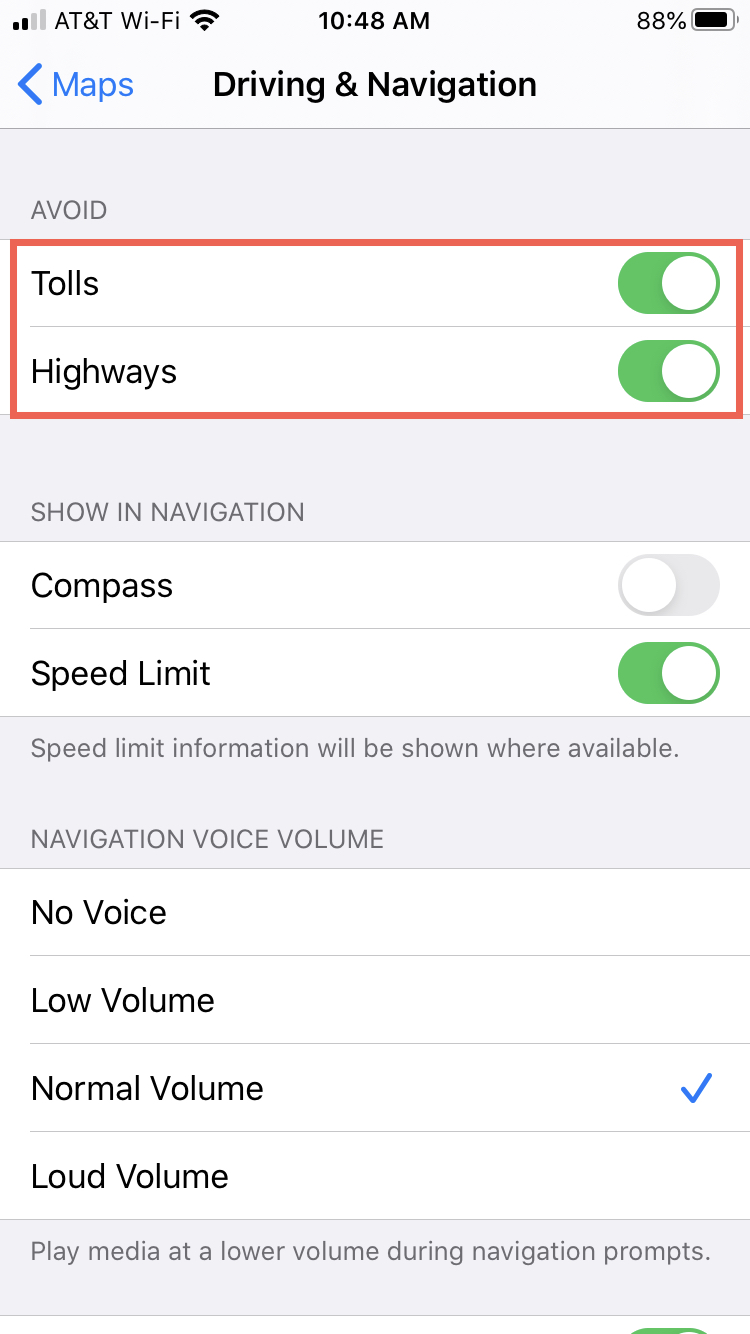 Maps on iPhone Avoid Tolls Highways
