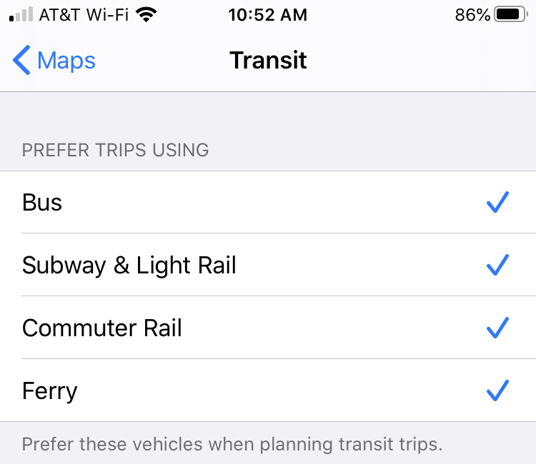 Maps on iPhone Transit Options