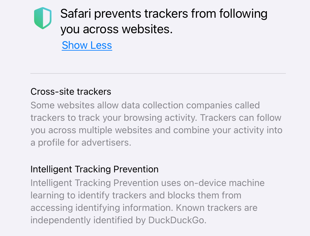 Safari Privacy Report Show More