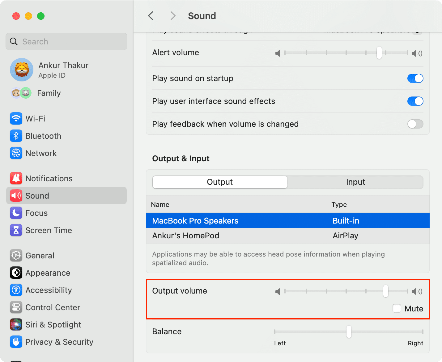 Sound output settings Mac