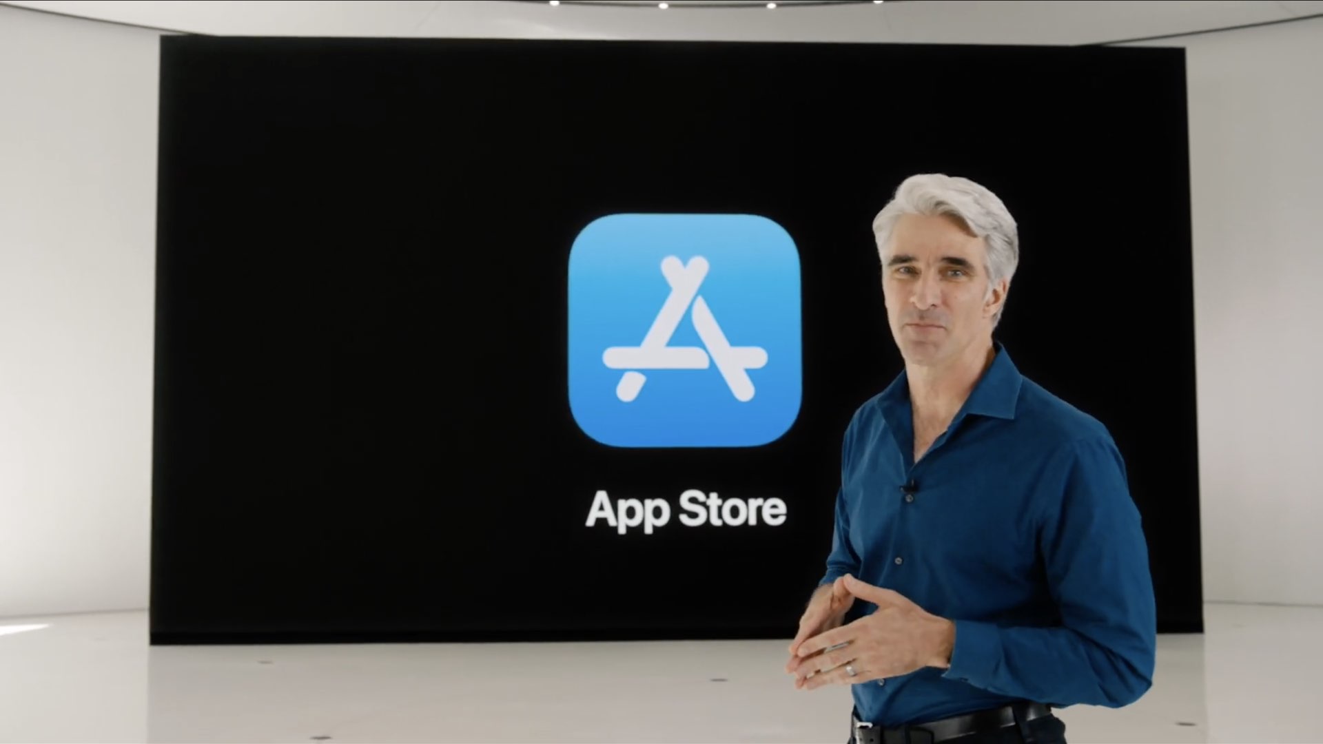 WWDC 2020 slide: Craig Federighi in front of the App Store screen