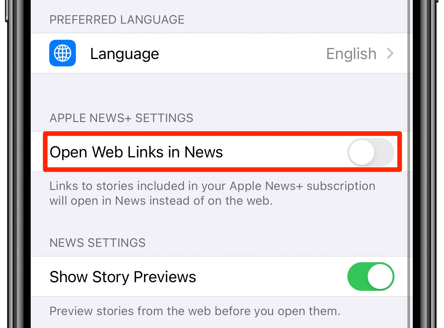 Apple News web links - iPhone screenshot showing the setting "Open Web Links in News" disabled