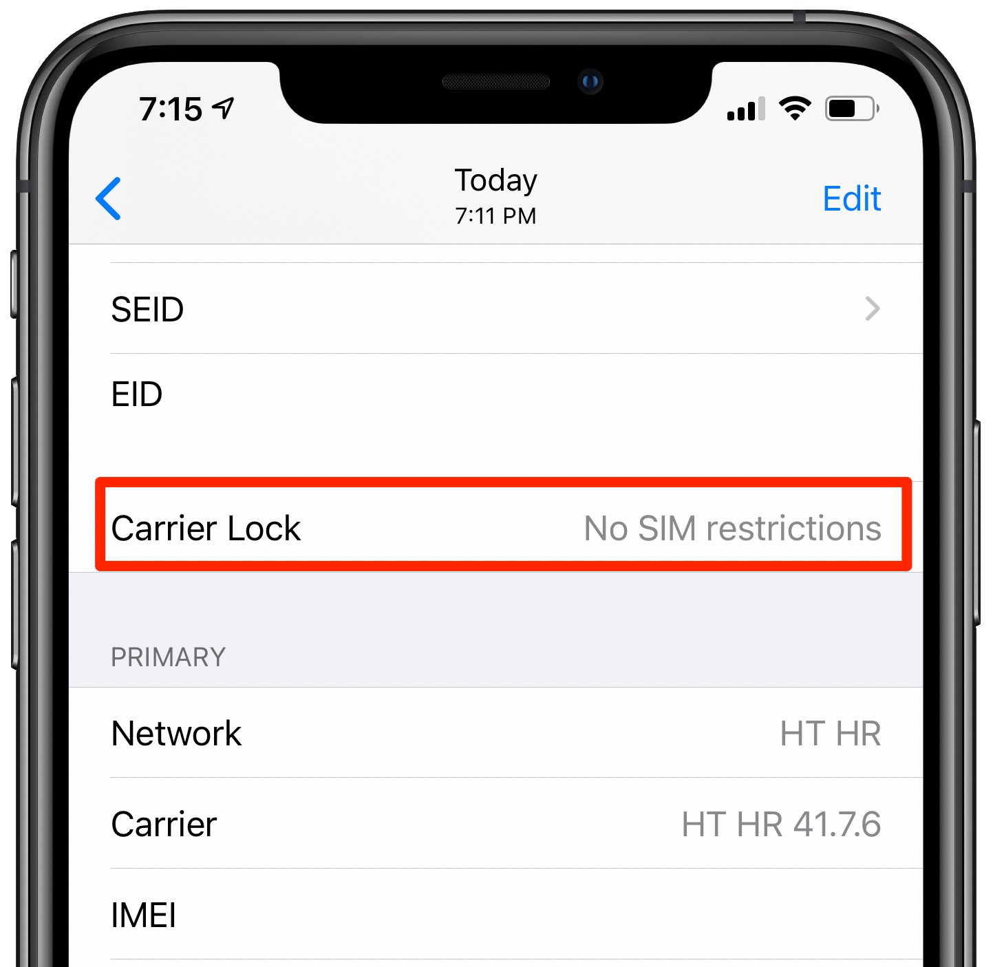 iPhone carrier lock information in iOS 14's Settings app