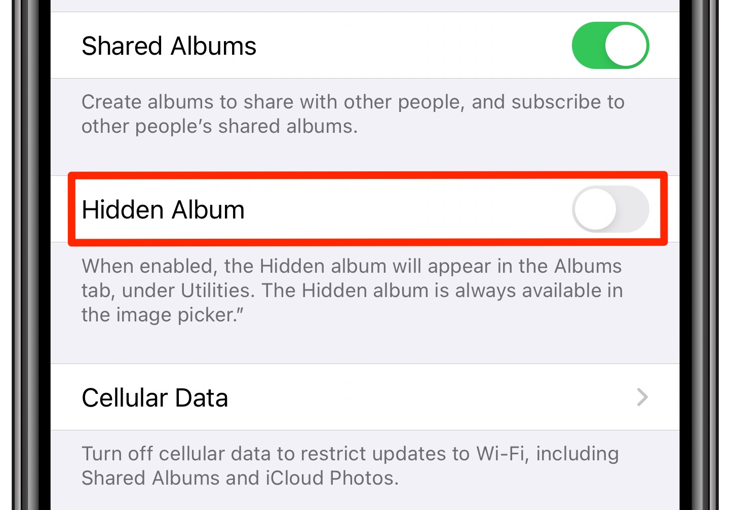 hidden album photos iPhone - Photos settings with the Hidden Album option deselected
