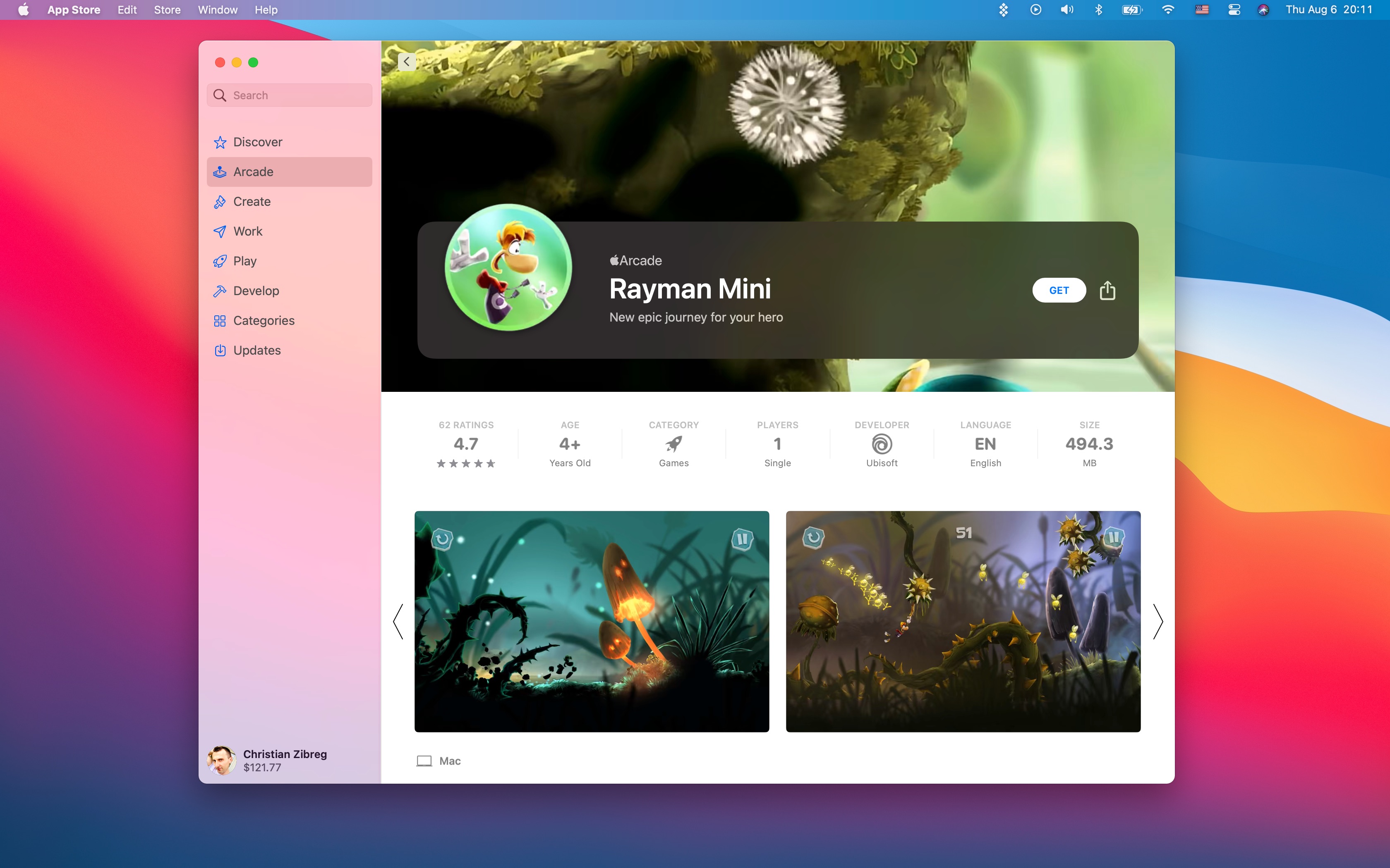 Mac App Store showing the game Rayman Mini in the Arcade tab