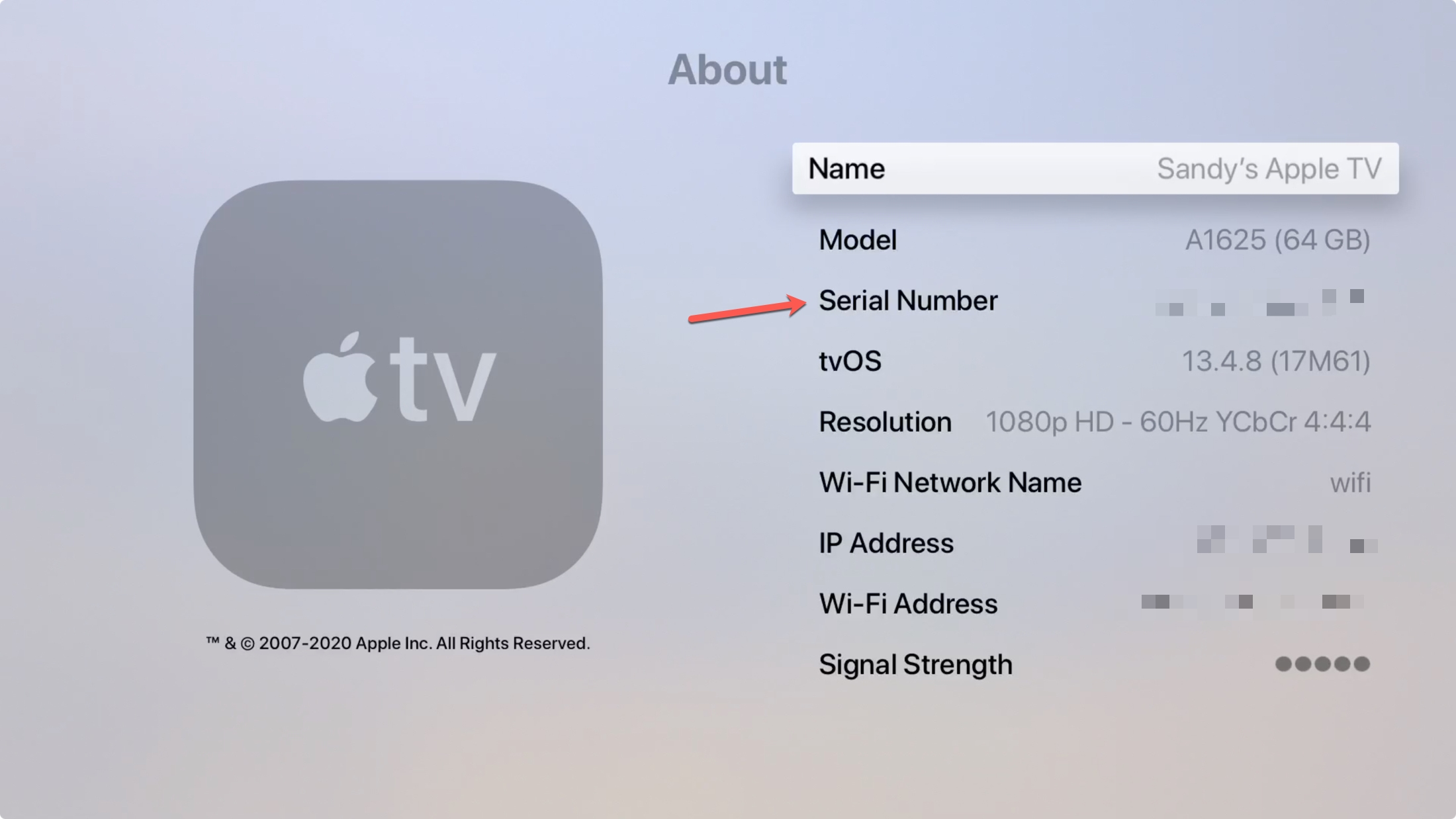 Apple TV Serial Number in About section of Settings