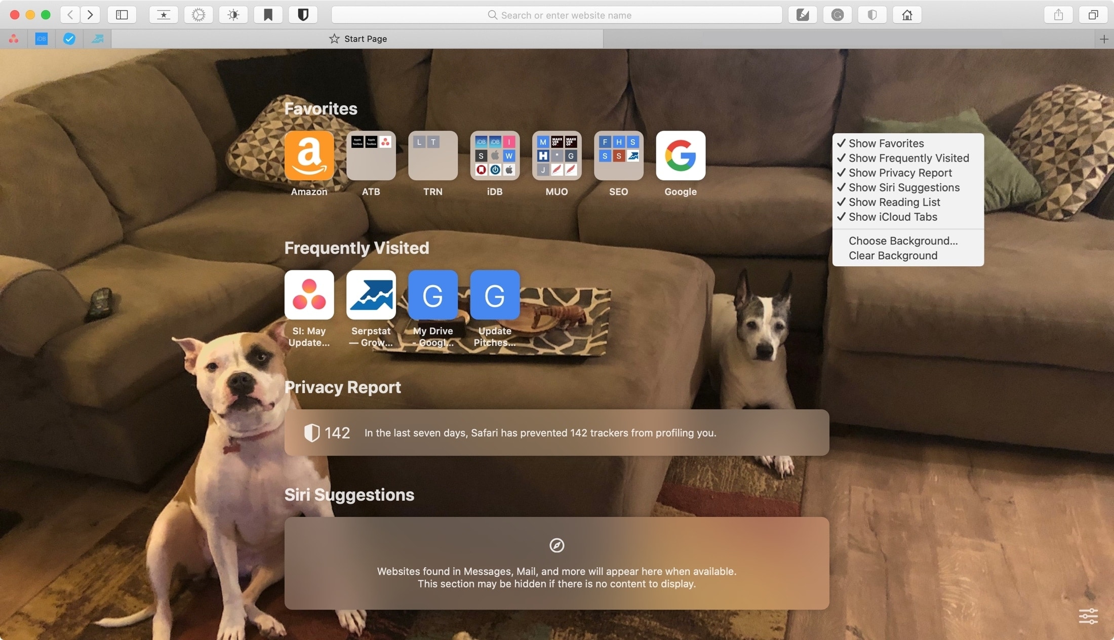 A Mac screenshot showing Safari's Start page with a custom background and a shortcuts menu
