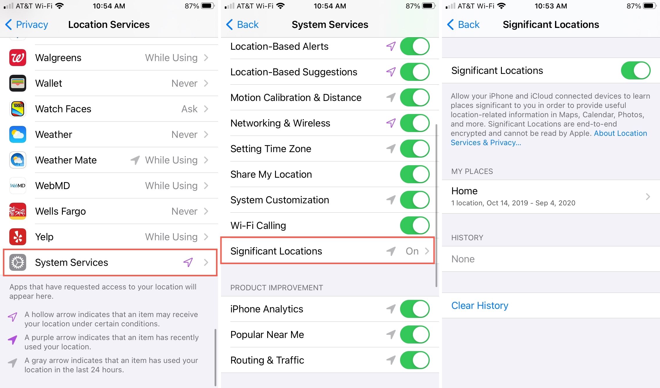 Significant Locations in Privacy in Settings on iPhone