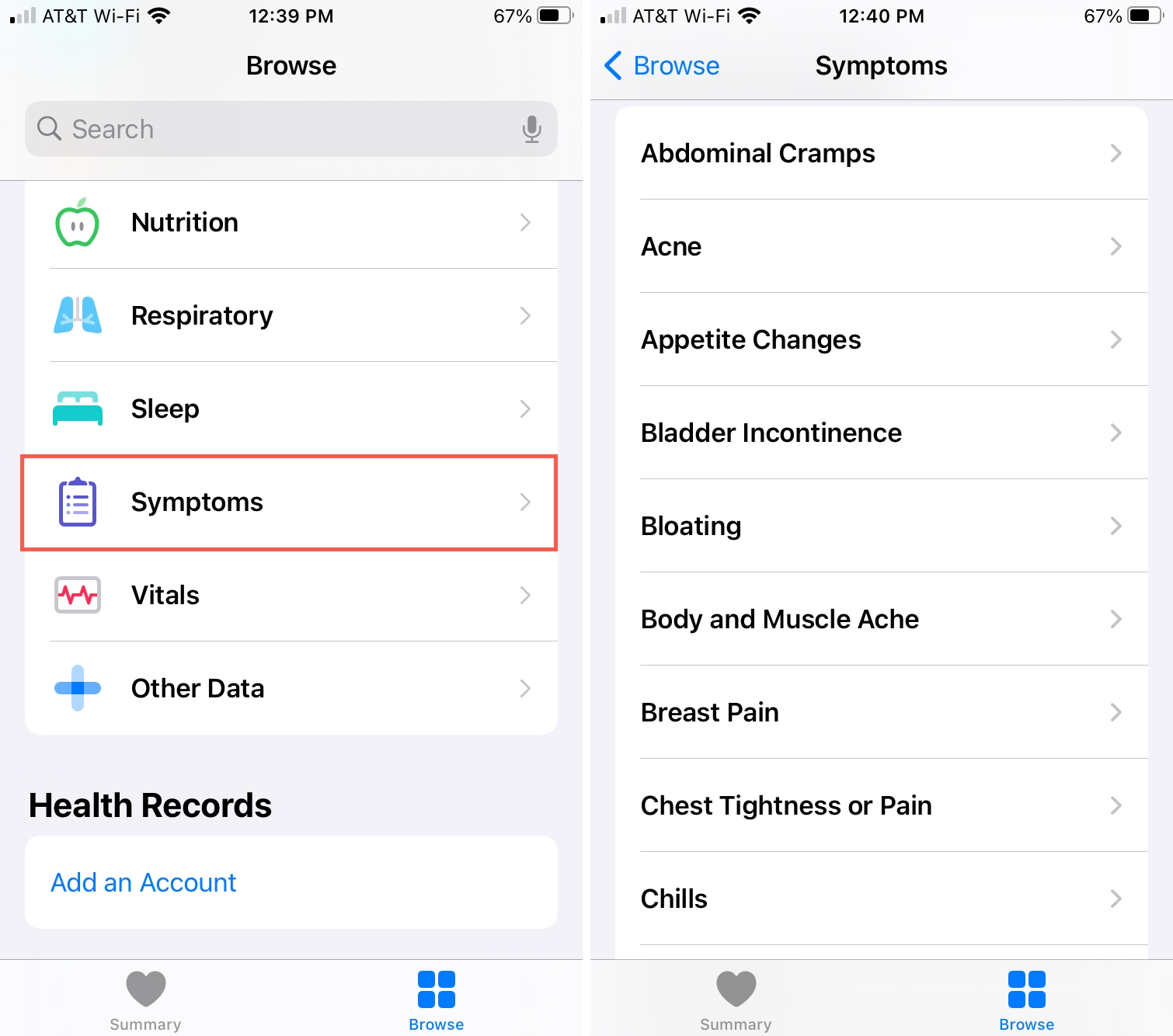 Symptoms in Health app on iPhone