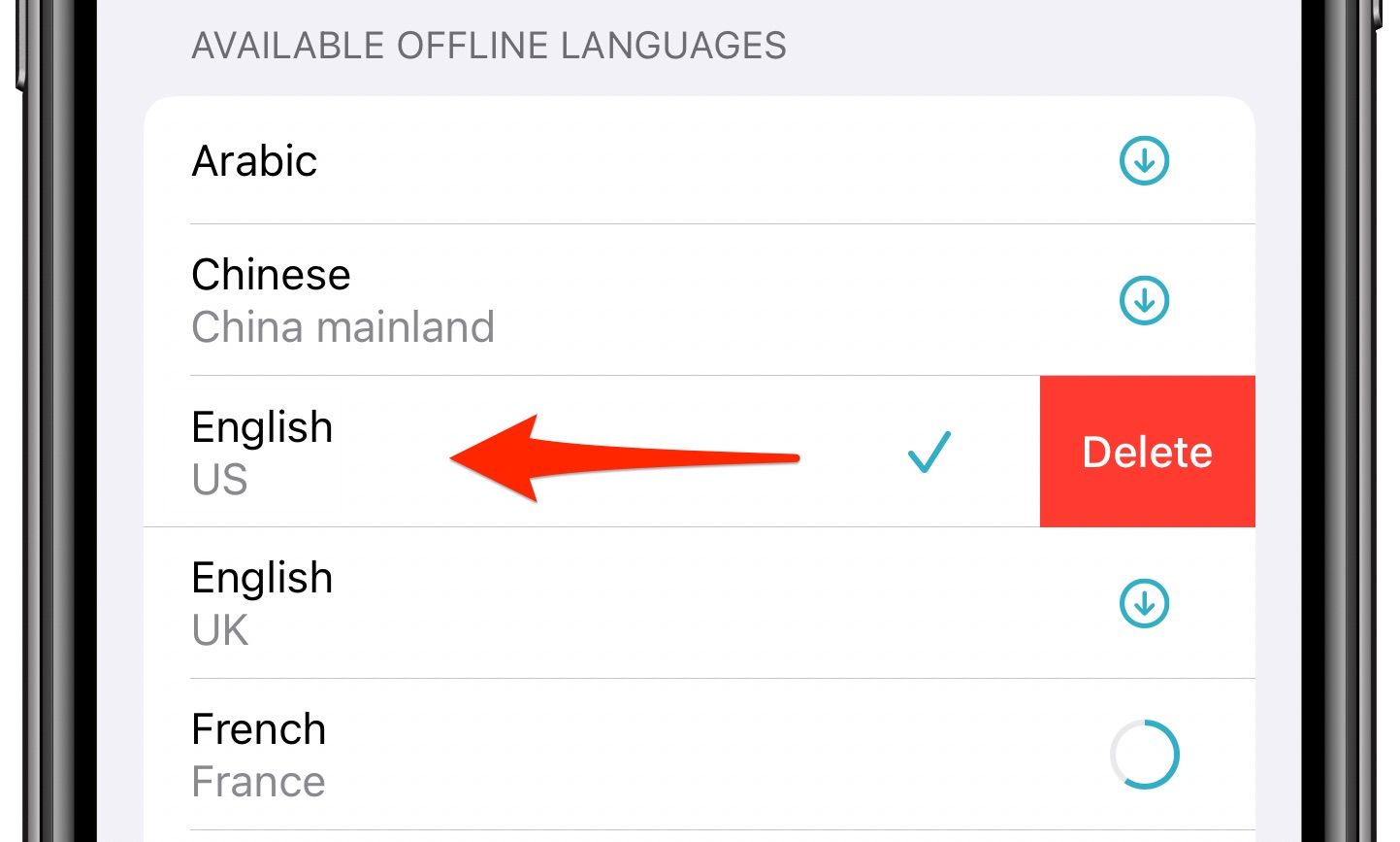 Remove downloaded languages Apple Translate app - iPhone screenshot