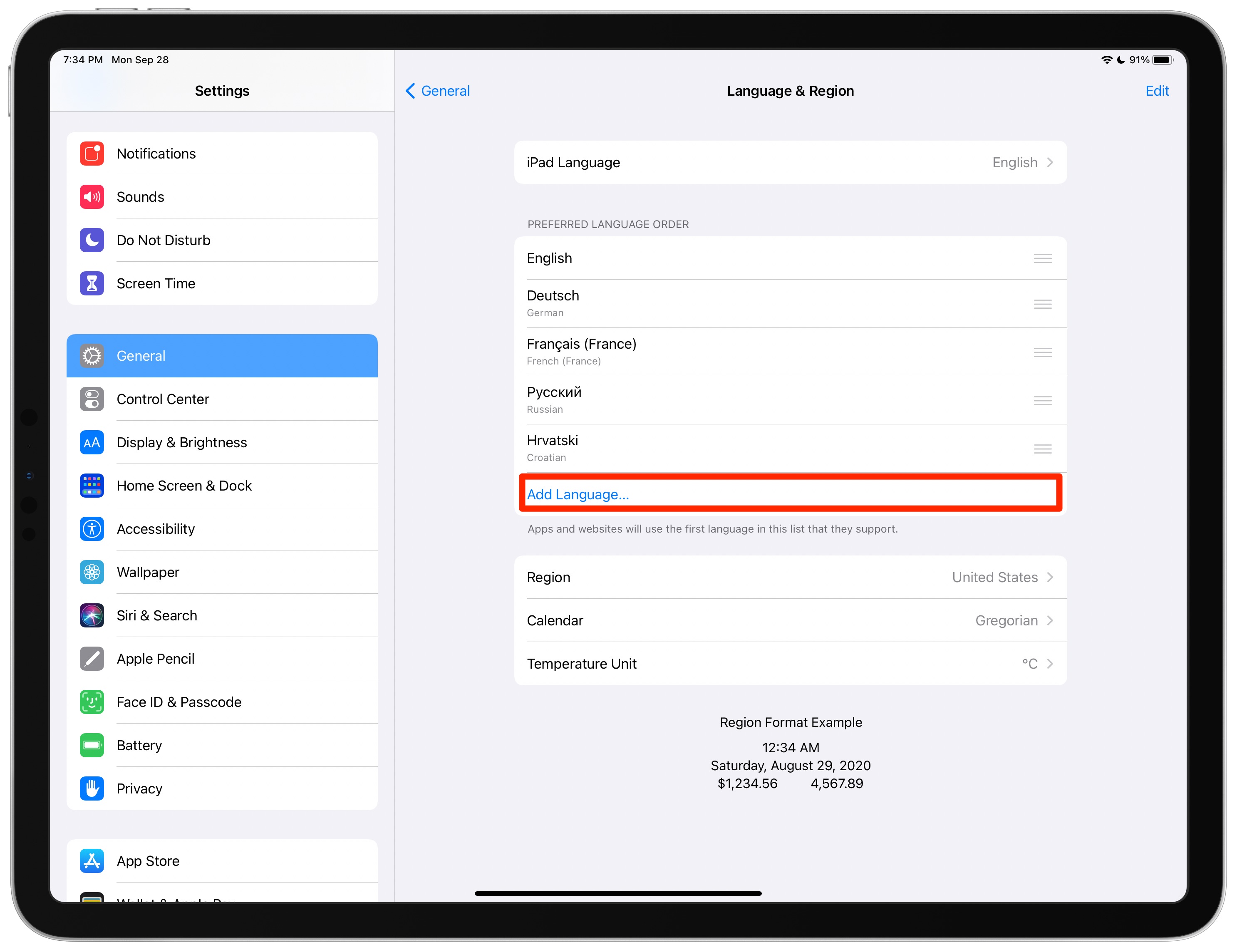 Apple Safari translation iPad - add language to the Preferred Languages list