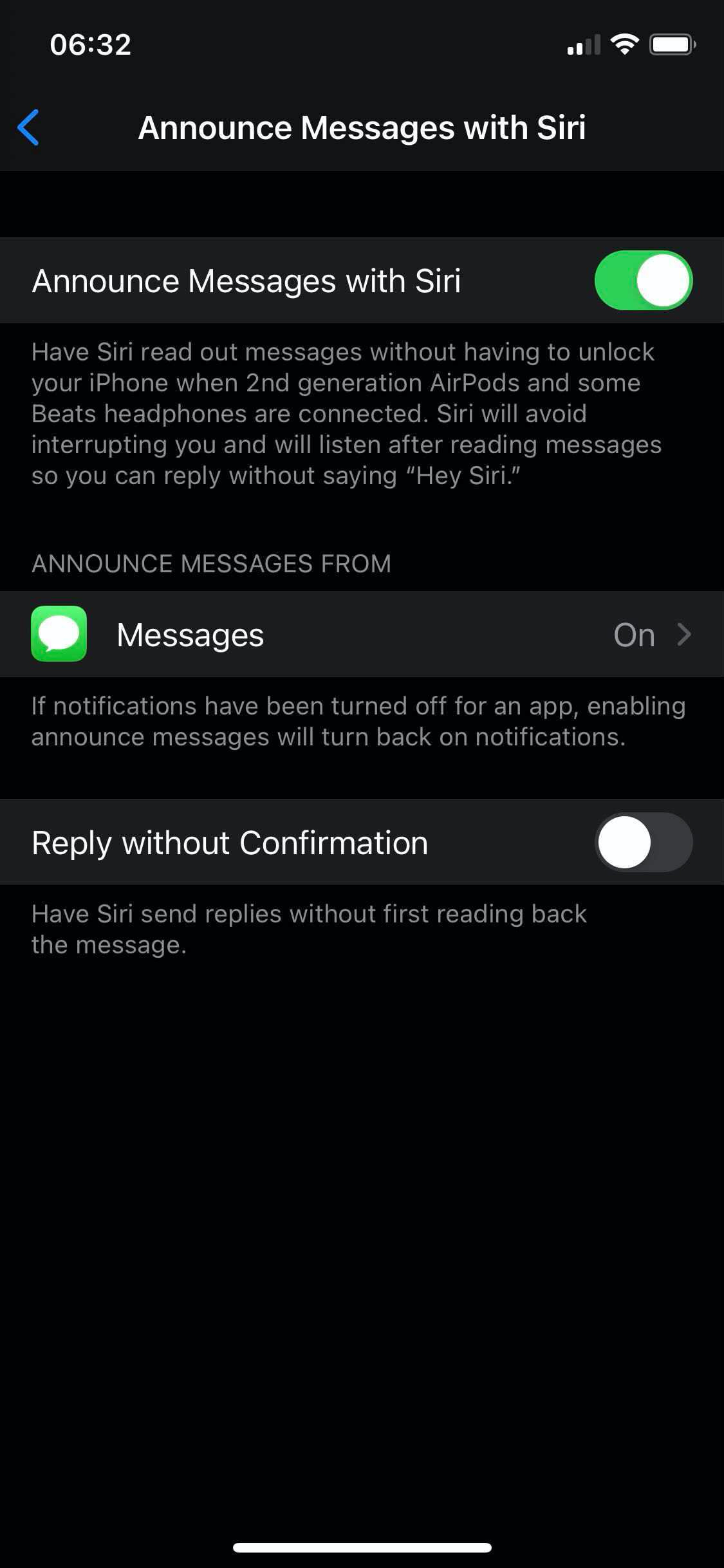 Announce Messages with Siri Enabled on iPhone