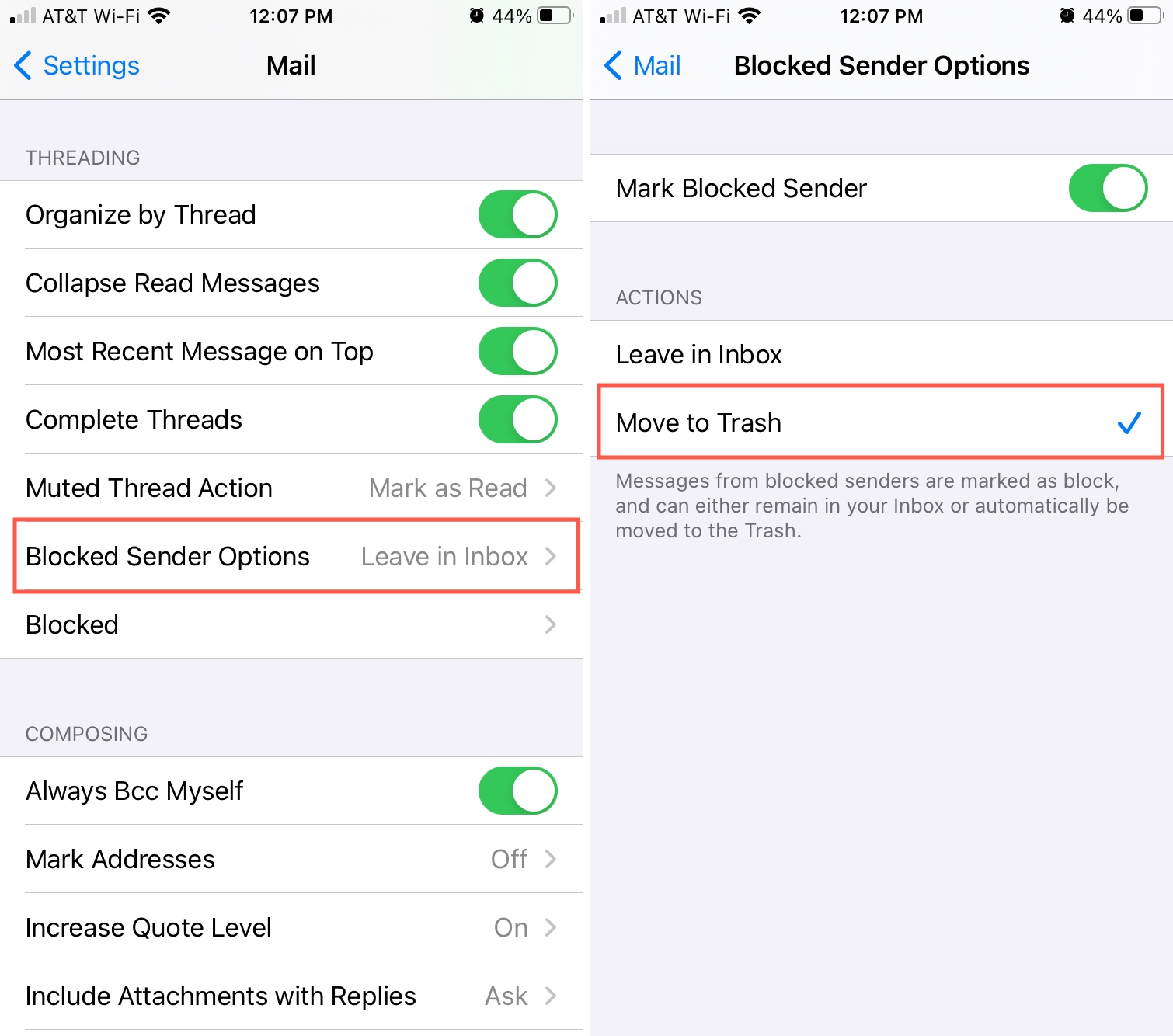 Move Blocked Mail to the Trash on iPhone