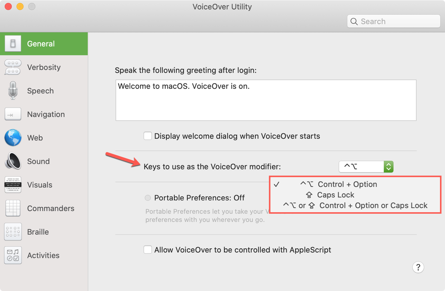 Select VoiceOver Modifier Keys on Mac