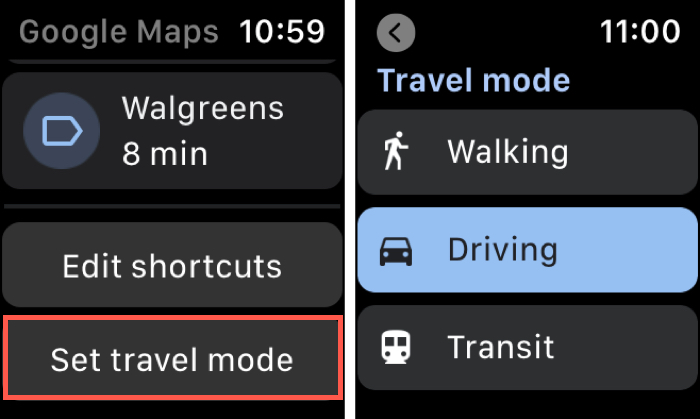 Travel Mode in Google Maps on the Watch