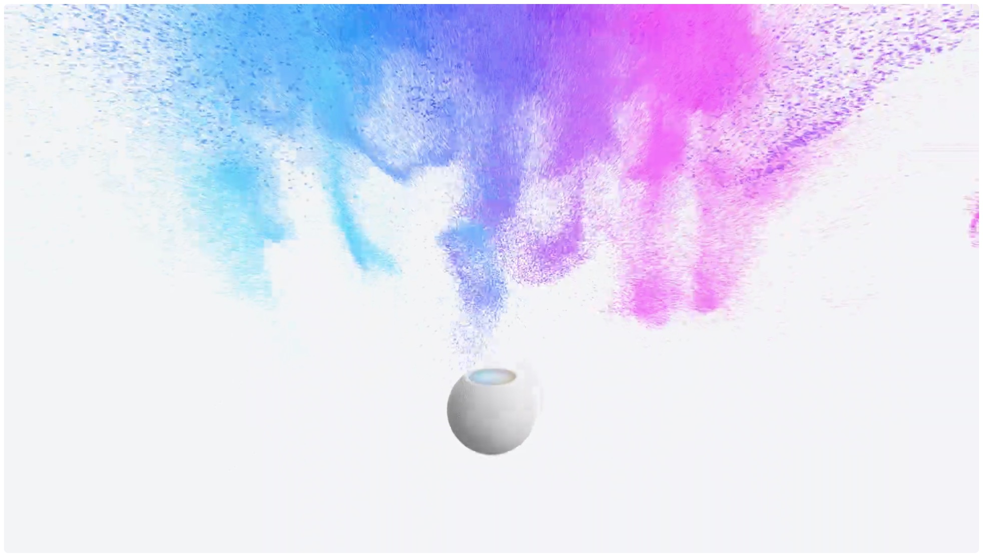 A promotional image showing Apple HomePod mini Siri speaker set against a colorful background