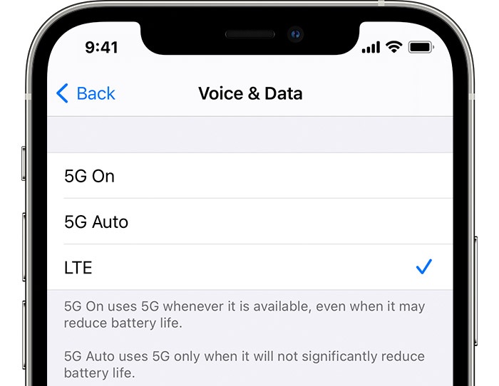 manage 5G iPhone - cellular voice and data screeb with the LTE setting selected