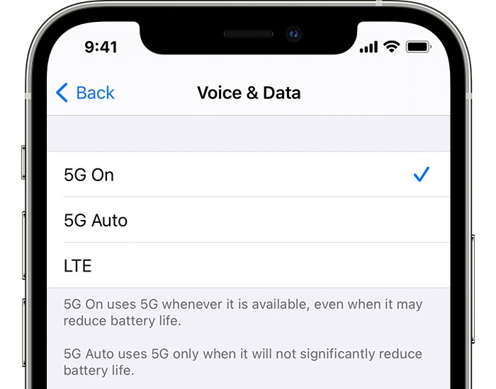 manage 5G iPhone - cellular voice and data screeb with the 5G On setting selected