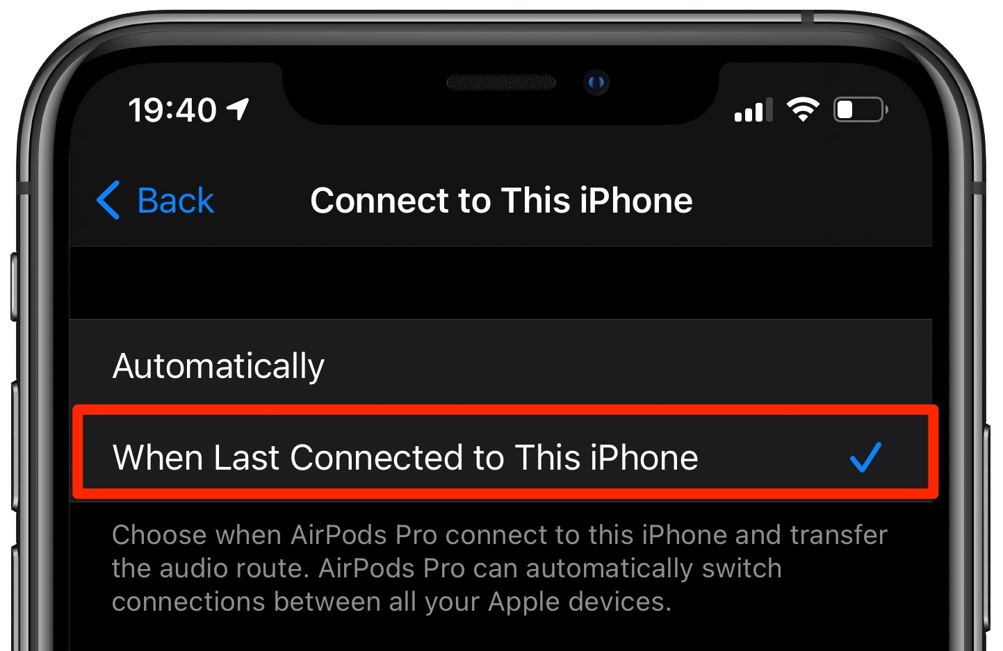 AirPods automatic device switching - the setting labeled with the text "When Last Connected to This iPhone" is highlighted on a screenshot