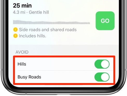 Apple Maps cycling directions - the option to avoid hills and busy roads is highlighted in red