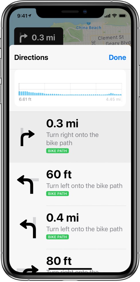 Apple Maps cycling directions - directions in list view
