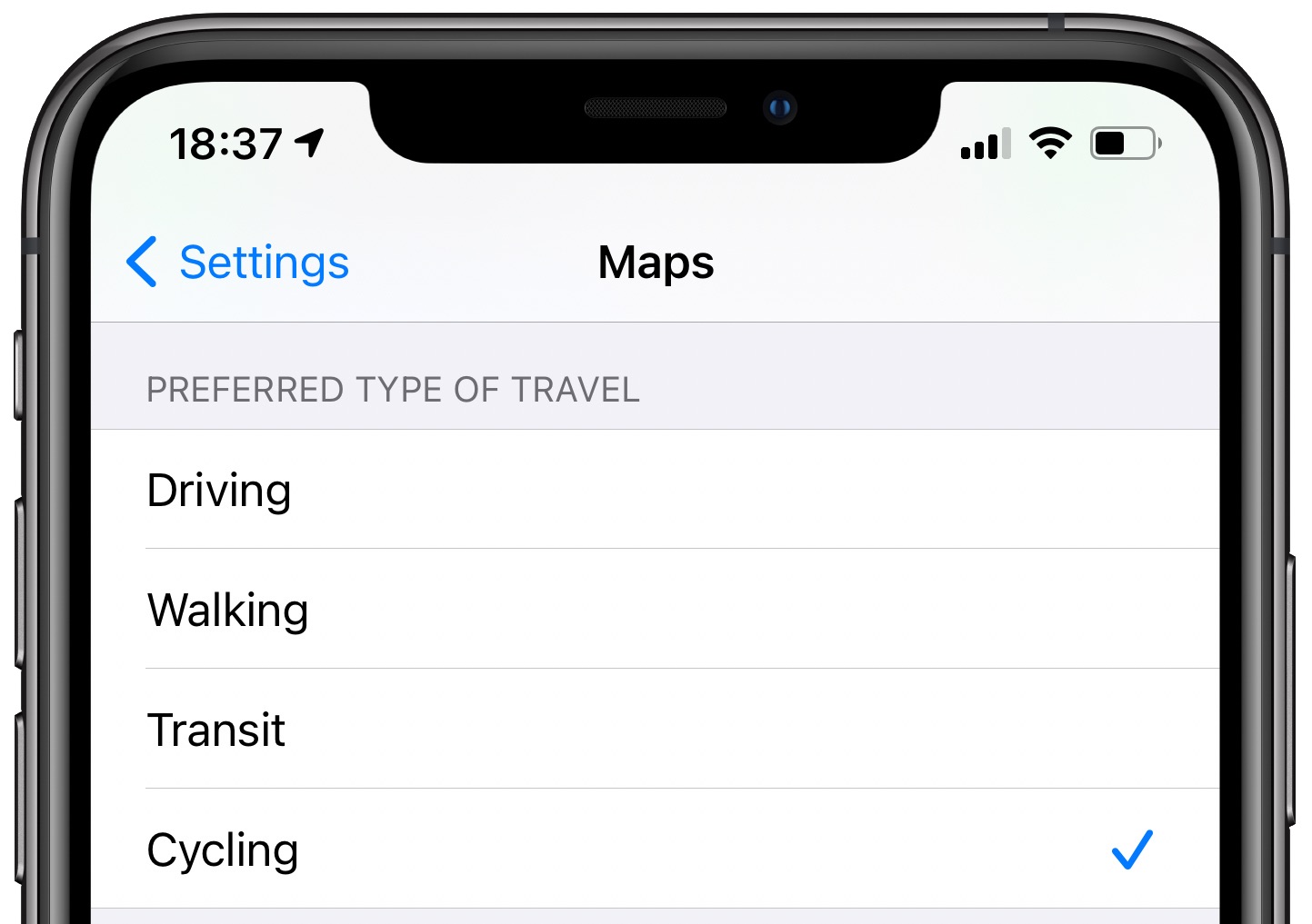 Apple Maps cycling directions - choosing preferred transportation type