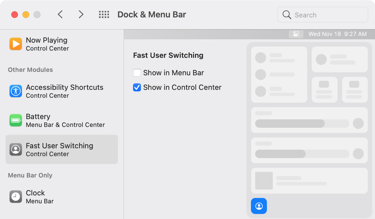 Add Fast User Switching to Control Center on Mac
