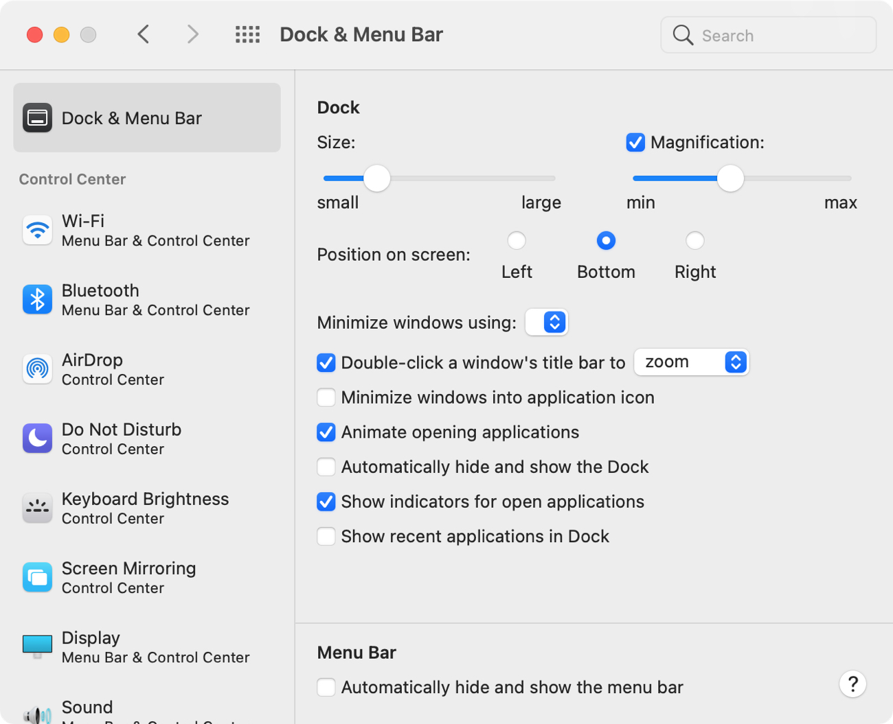 Dock and Menu Bar in System Preferences