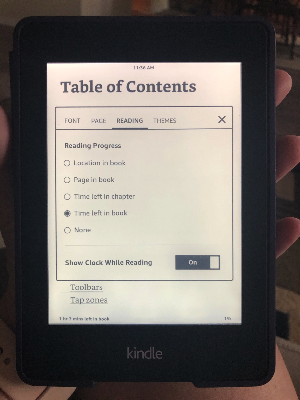 Kindle Reading Progress Options and Clock