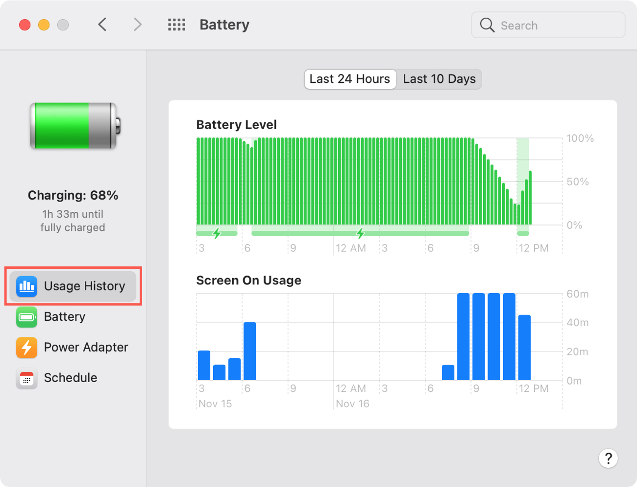 Mac Battery Usage History in System Preferences
