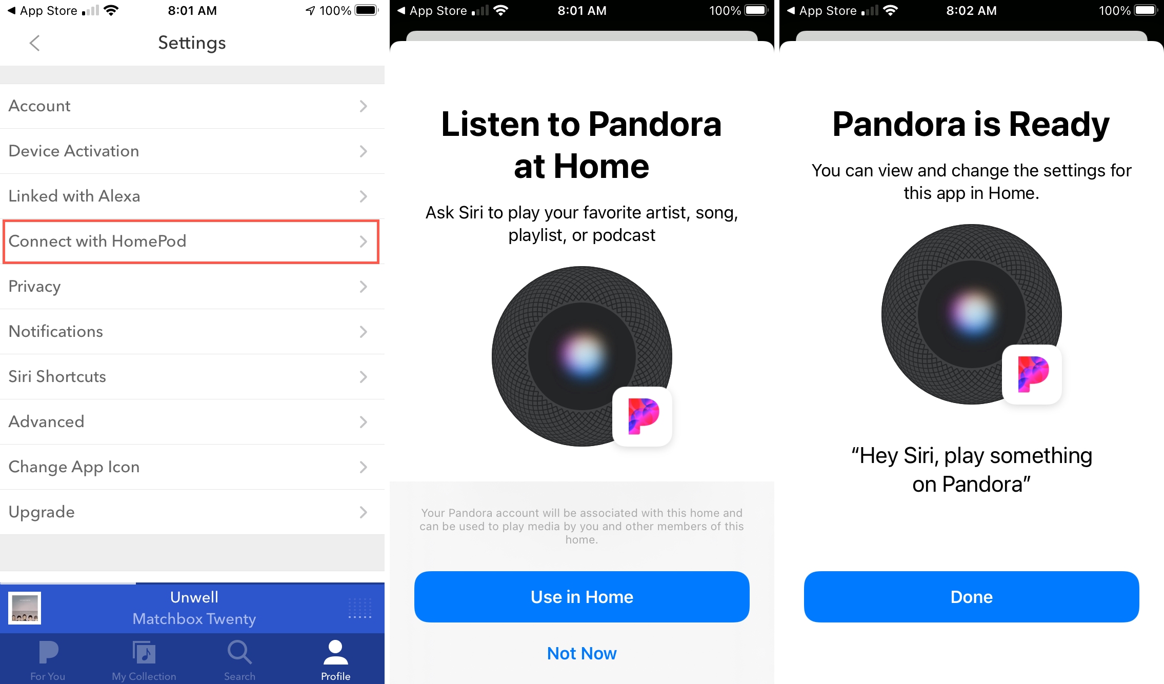 Application Pandora Connectez-vous avec HomePod