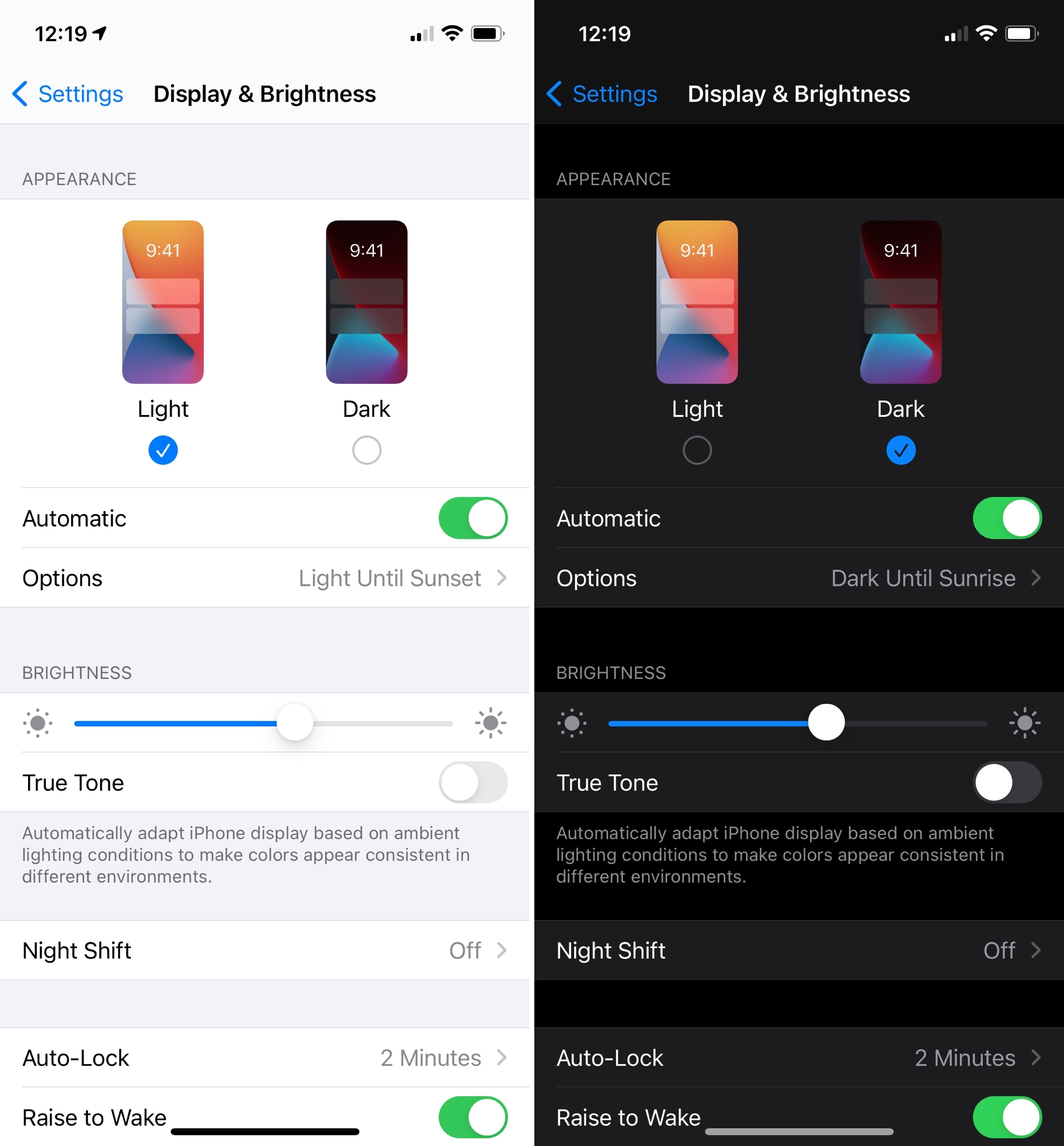 Settings Display and Brightness Dark Mode on iPhone