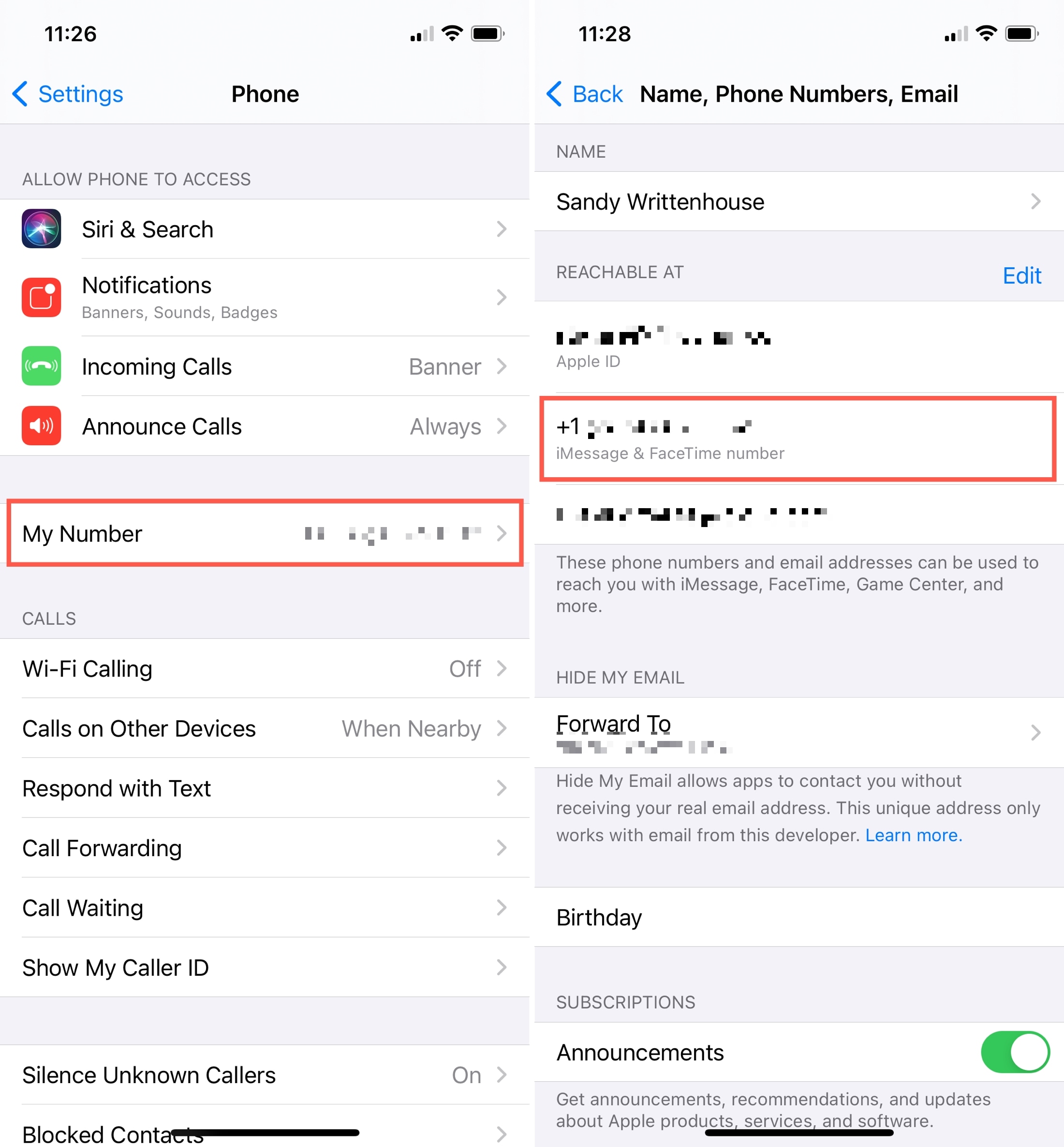 Settings My Phone Number on iPhone