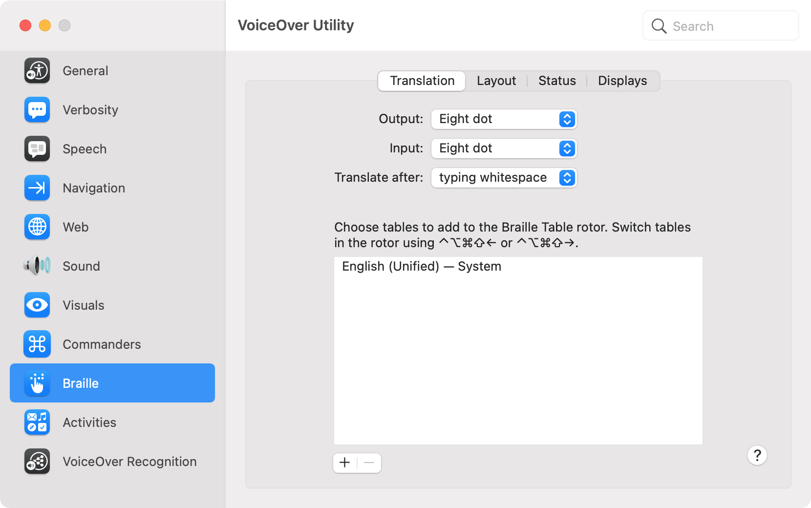 VoiceOver Utility Braille